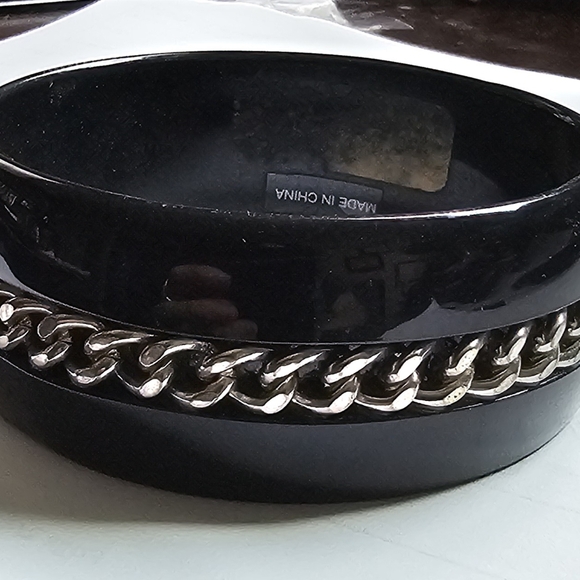 Women's Cool Black Bangle Bracelet with Silver Chain Detail - Picture 2 of 3